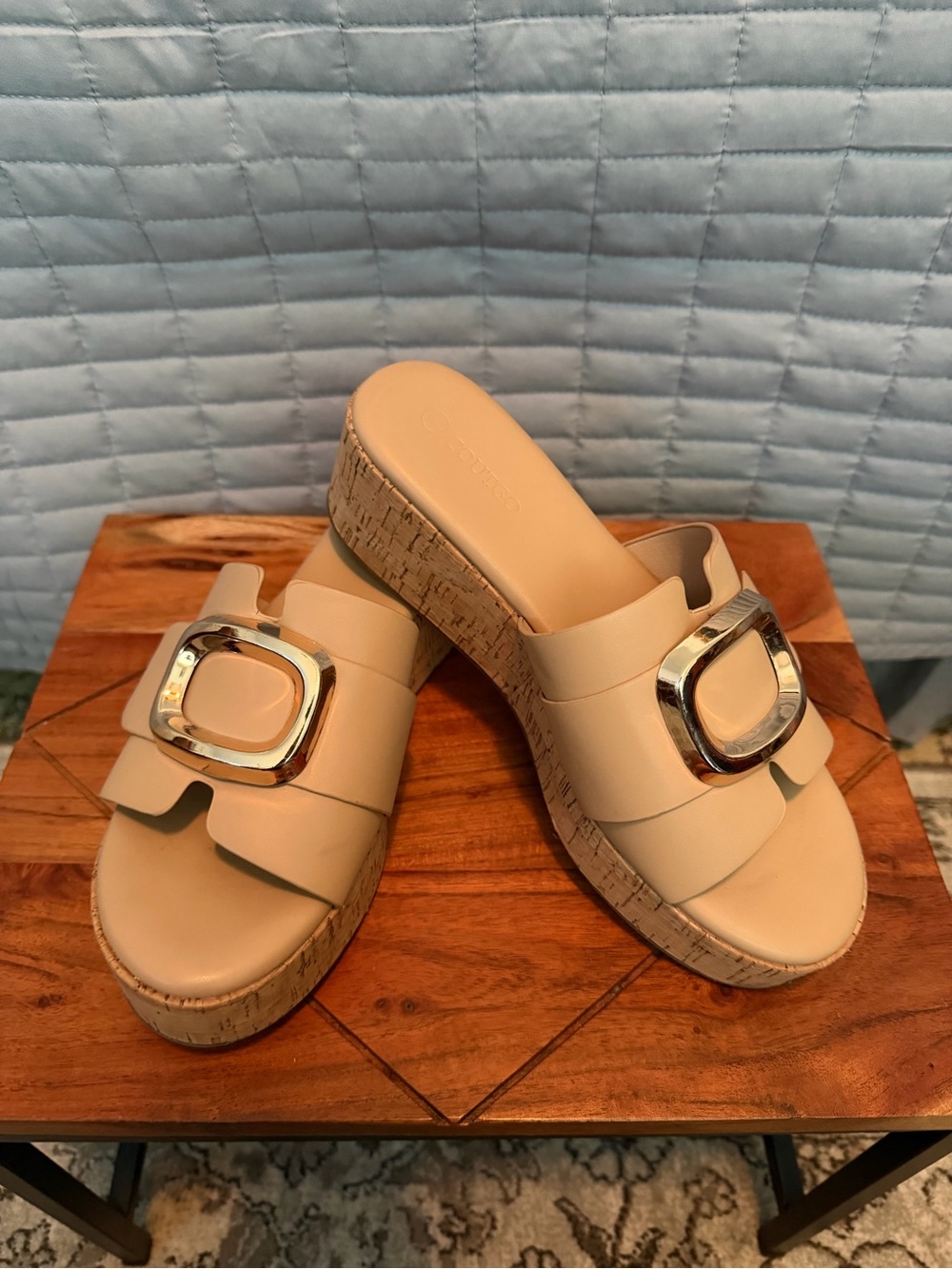 Beige Platform Slide Sandals with Gold Buckle Accent